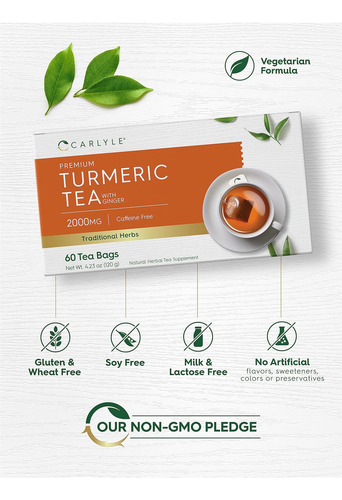 Té De Cúrcuma Con Jengibre | 60 Bolsitas De Té | Sin Cafeína