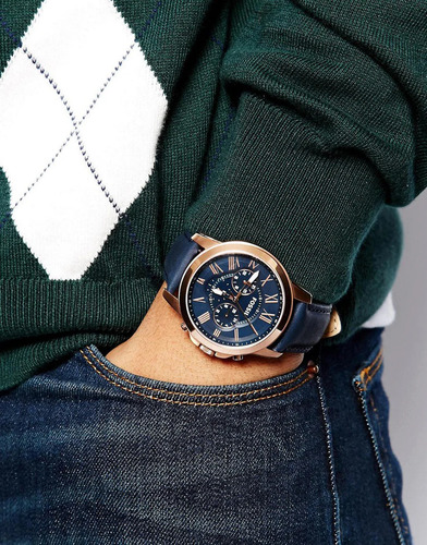 Reloj Fossil Fs4835 Hombre Cuero Azul Marino Analógico