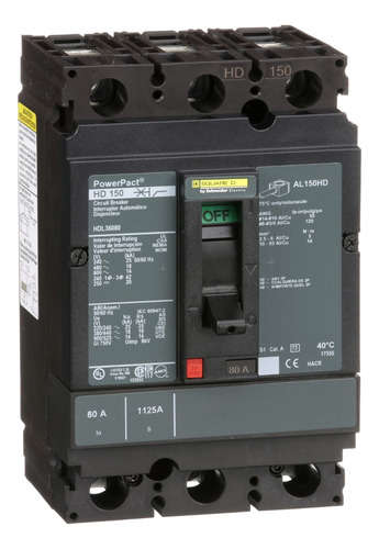 Hdl36080 Circuit Breaker, Powerpact H, 80a, 3 Pole, 600vac,