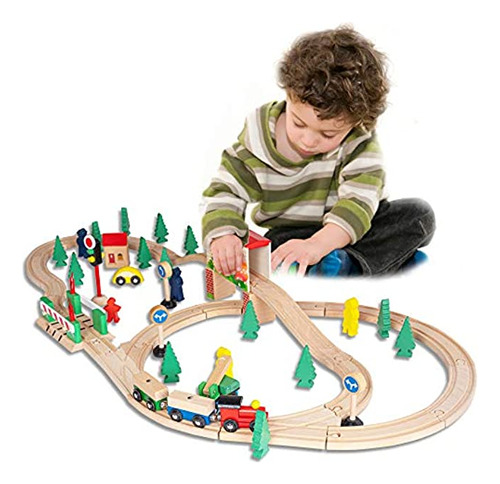 Funpeny Juego De 60 Piezas De Tren De Madera Para Niños Y N