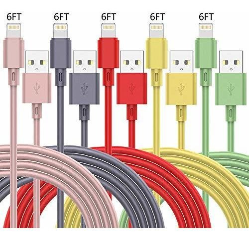 Paquete De 5 Cables De Cargador Para iPhone De 6 Pies, Cable