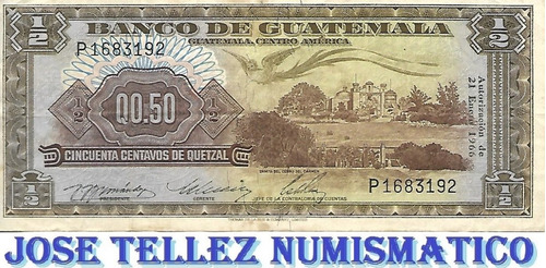 Billete Guatemala 50 Centavos Quetzal Año 1966 Mb+ Palermo