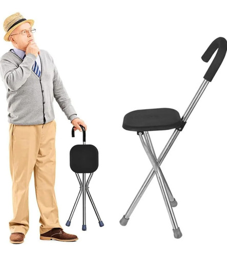 Baston Con Asiento Para Descaso Plegable De 3 Apoyos Negro