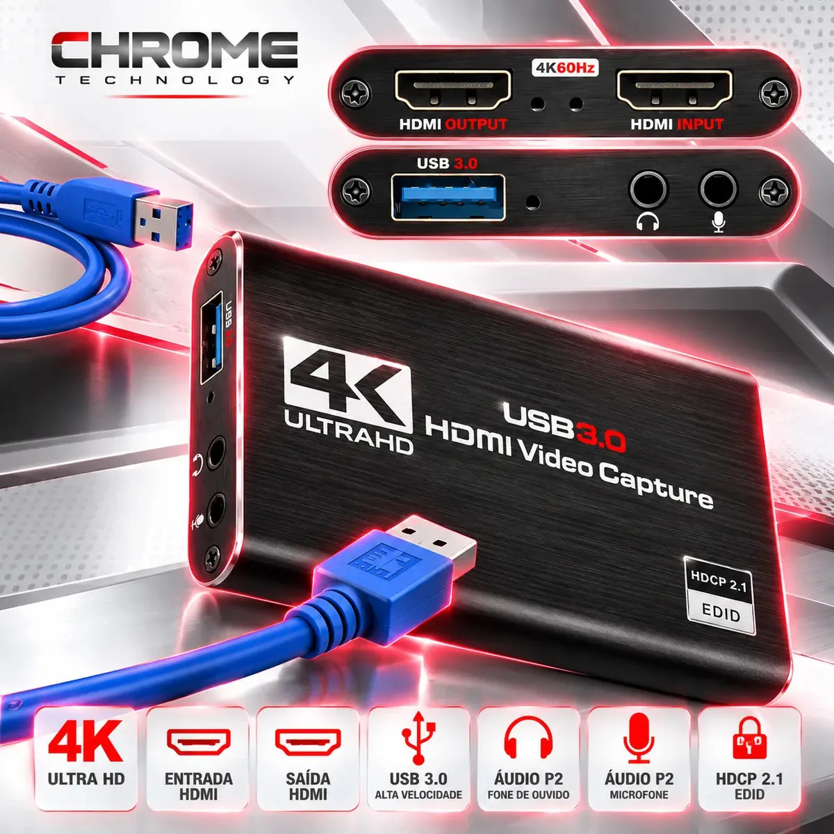 Foto do produto: Placa De Captura Vídeo Hdmi 2x1 Externa Gamer Interface Multimídia Full Hd 4k 60fps Usb 3.0 Chrome Technology