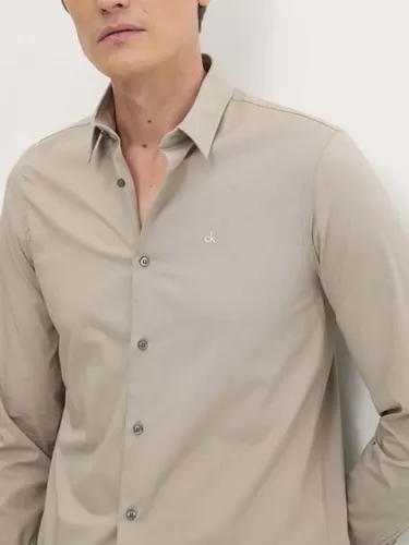 Camisa Beige Slim De Popelín Elástico Calvin Klein