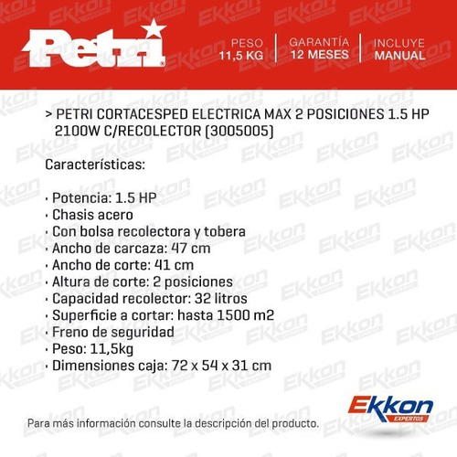 Imagen 2 de 8 de Cortadora De Césped Eléctrica Petri 2100 W Con Recolector
