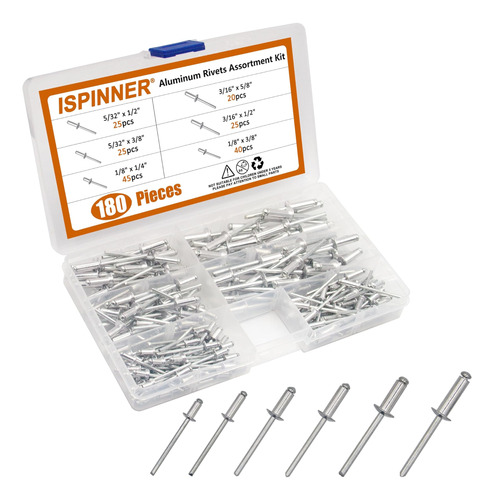 Ispinner 180 Remaches Ciegos De Aluminio De 6 Tamaños, Kit S