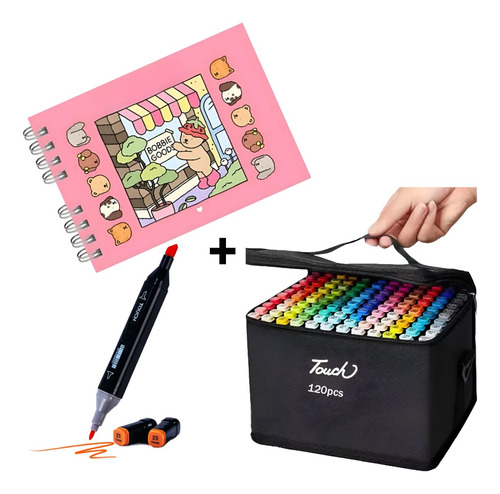 Kit Caneta 120 Cores Ponta Dupla + Livro D Colorir Capa Dura