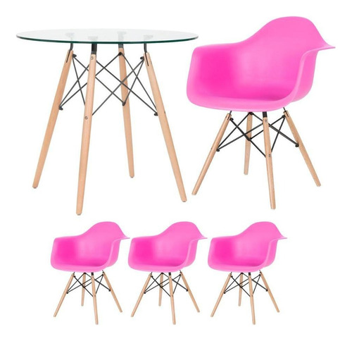 Mesa Jantar Tampo Vidro Eames 80 Cm + 3 Cadeiras Eiffel Daw Cor Rosa-pink