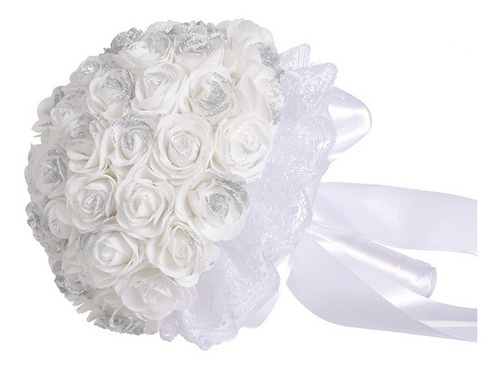 Imagen 4 de 10 de Ramo De Mano De Novia De Plástico Artificial, Rosa Blanca