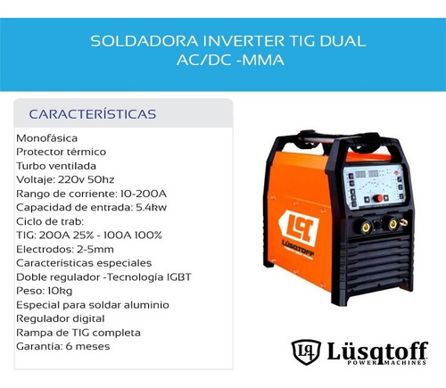 Soldadora Inverter Tig Aluminio 200a Lusqtoff Smart Tig Acdc