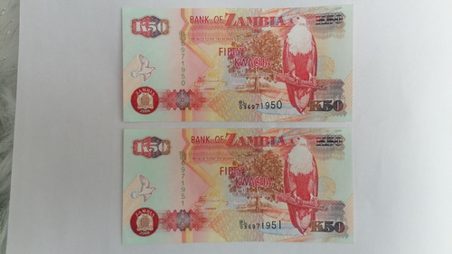 2 Billetes 50 Kwuacha Consecutivos Zambia Sin Circular .vhcf