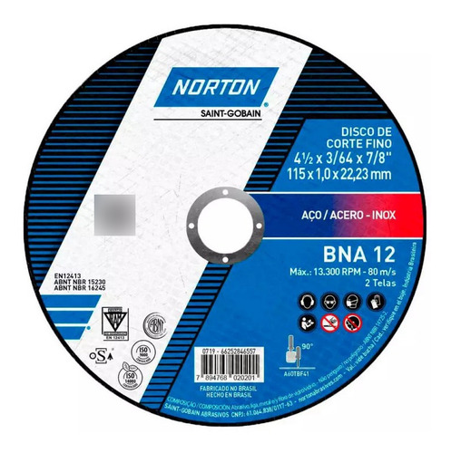 Disco Para Corte Aço Inox 4.1/2 X 3/64 X 7/8'' Bna12 Norton