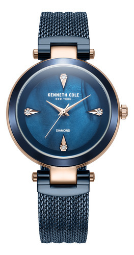 Reloj pulsera Kenneth Cole KCWLG2236302, analógico, para mujer, fondo azul, con correa de acero inoxidable color azul, bisel color azul y desplegable