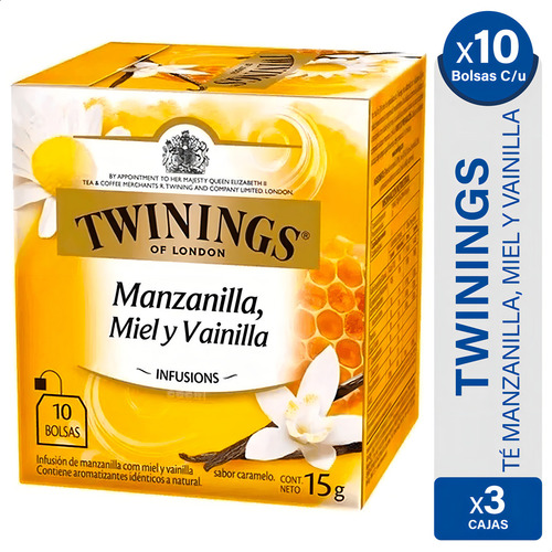 Té Twinings en saquitos MANZANILLA MIEL Y VAINILLA pack x 3