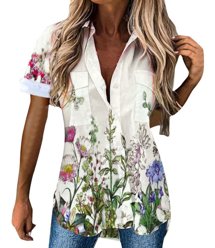 Camisa Manga Corta Boton Para Dama Blusa Estampado