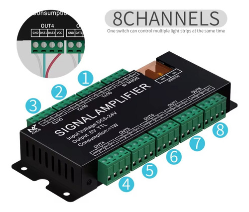 Amplificador De Señal Para Tira Led 8 Canales Ws2811 2812