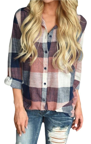 Camisa Casual A Cuadros De Algodón Y Lino Para Mujer