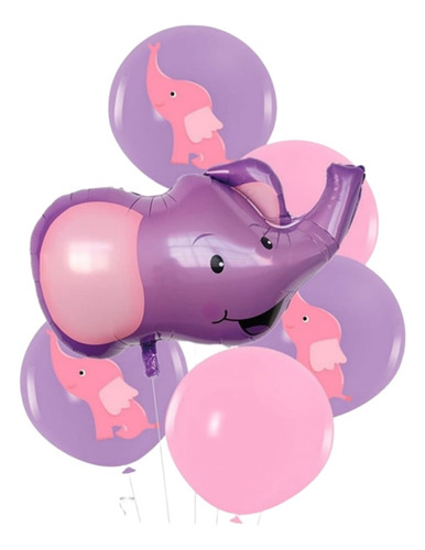 Set 6 Globos Elefante Morado Niña. Decoración Cotillón 