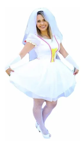 Vestido Noiva Festa Junina Curto C Manga Adulto Luva V u