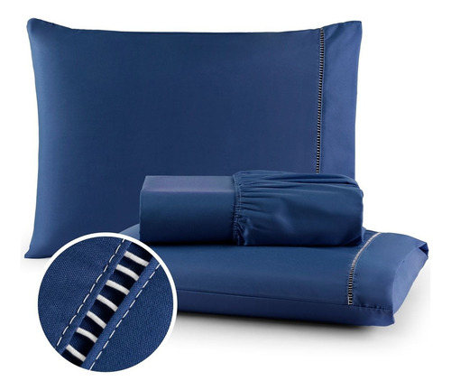 Kit Roupa De Cama Queen Com Detalhe Ponta Palito Premium Cor Azul Desenho Do Tecido Liso