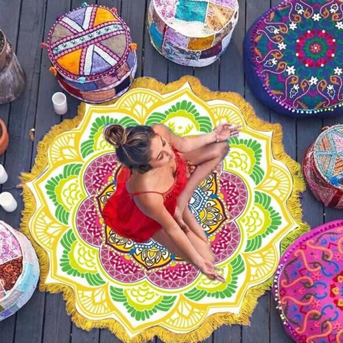 Tapiz Indio De Mandala Con Borla De Loto Estampado De Playa