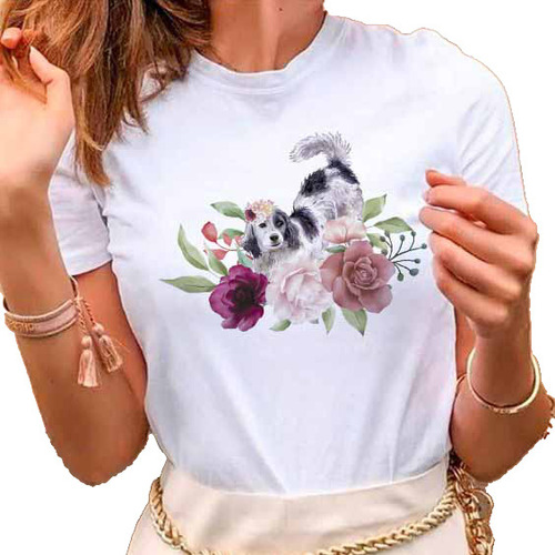 Remera Dama Mujer Street Mascota Con Flores Perro Perrito 01