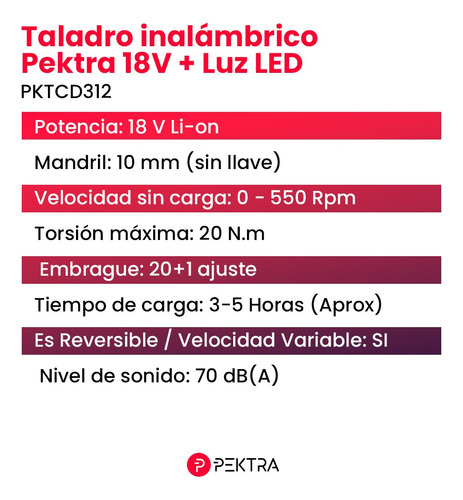 Taladro atornillador inalámbrico de 10mm Pektra PKTCD312 18V + accesorio 220V
