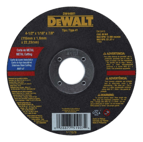 Disco Corte Metal Dewalt 4.1/2  Ultrafino Dw44601 