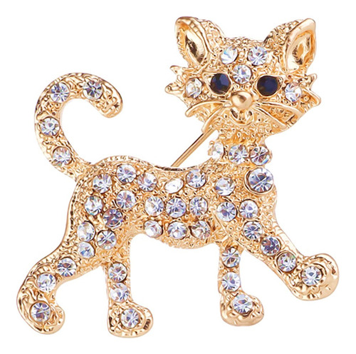 Broche Prendedor Gatito Dorado Con Cristales Zirconia