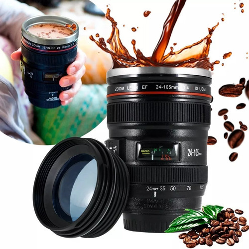 Termo Taza Vaso Con Tapa Lente Fotográfico Cafe Acero 350ml Color Negro