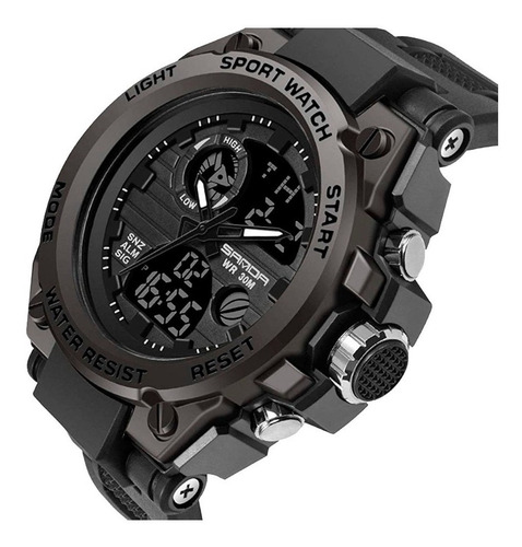 Reloj pulsera Sanda 739 de cuerpo color negro, analógico-digital, para hombre, fondo negro, con correa de poliuretano color negro, agujas color negro y blanco, dial negro, subesferas color negro y gris, minutero/segundero blanco, bisel color negro, luz celeste y hebilla simple