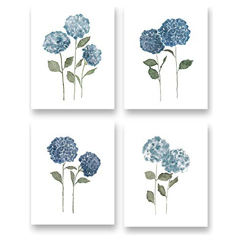 Impresión De Arte De Flores Azules Acuarela, Arte De P...