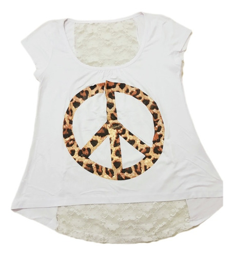 Remera Paz Mujer Blanco Con Estampa Y Puntilla Larga Atrás 