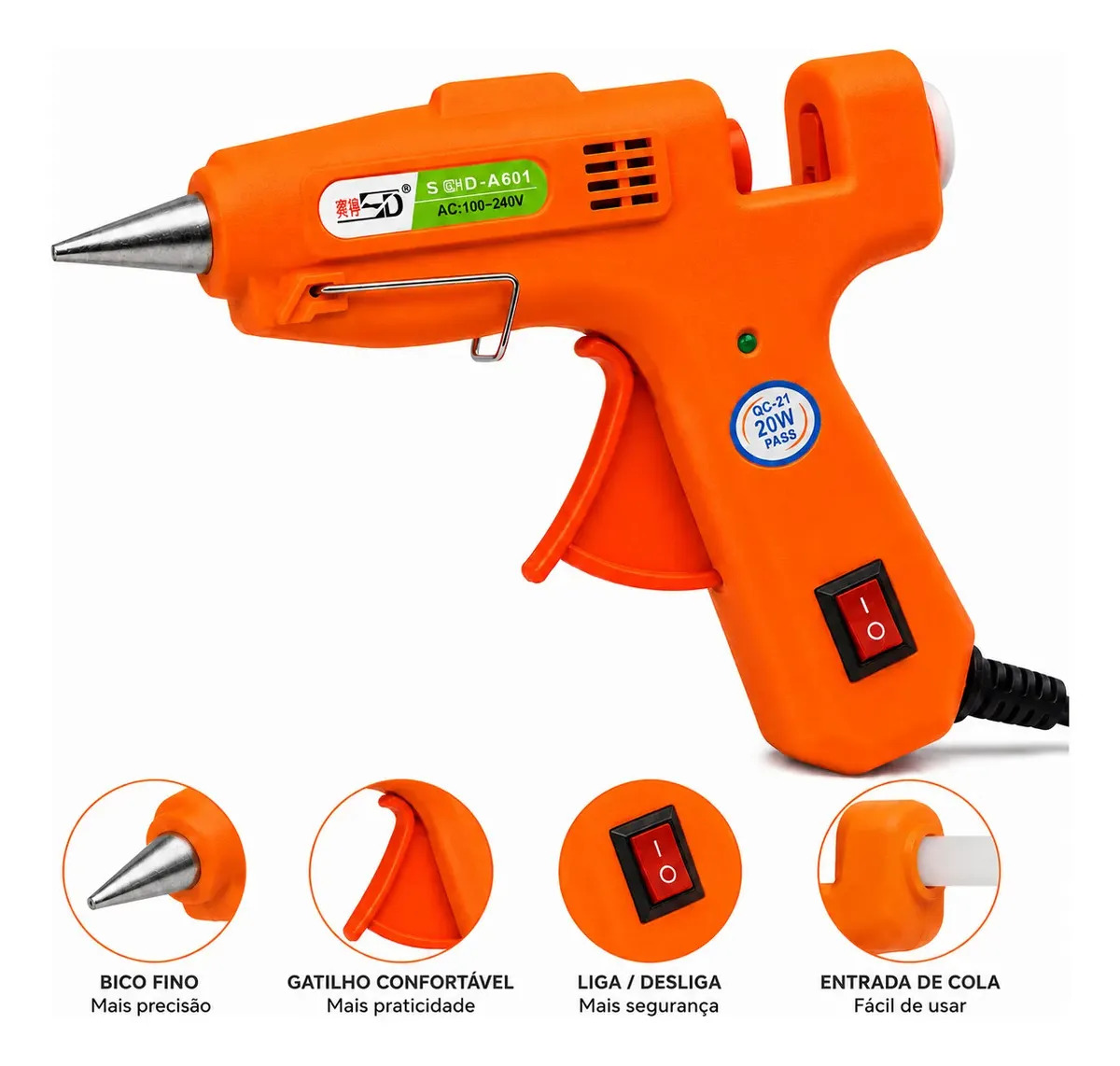 Pistola De Cola Quente Profissional Bivolt 20w Bico Fino 7mm Botão Liga/desl. Bico De Metal Marca Ccl Toys