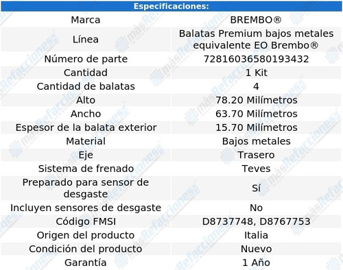 Balatas Bajos Metales Traseras Slk280 2006-2008