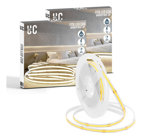 Kit 2 Fita Led Profissional 15w/m 320leds/m Cob Luminária Flexível 5m 12v Branco Neutro 3500k