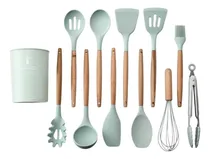 Comprar Set X12 Kit Utensilios De Cocina Mango Madera Punta Silicona
