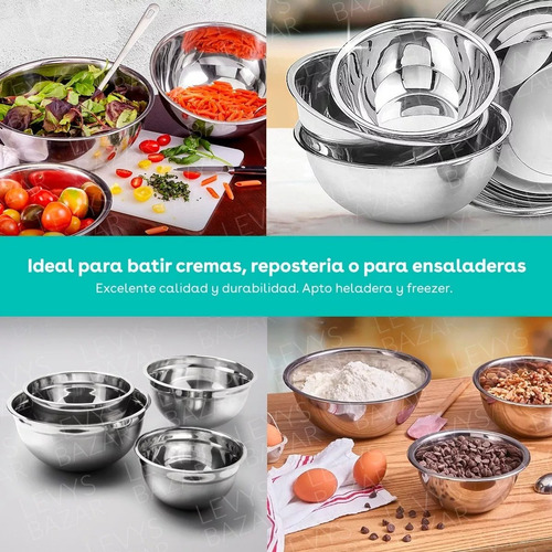 Set X3 Bowls Cocina Acero Inoxidable Batidor Para Batir Reforzado Reposteria Ensaladeras Acero Inoxidable Bowl Crema Levys Bazar