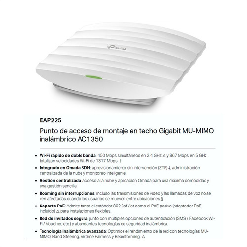 Imagen 2 de 10 de Access Point De Techo Wifi Gigabit Ac1350, Tp-link Eap225