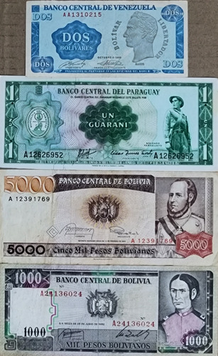 12 Billetes, Venezu, Paraguay, Bolivia. Perú, Brasil, Mexico