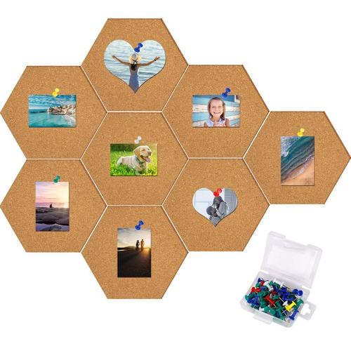 Set Corcho Hexágonos X6 Uni + Chinches Galera X50 Uni Pared