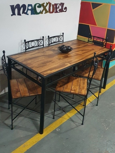 Imagen 3 de 7 de Mesa Industrial Hierro Forjado Y Madera 160x80 + 6 Sillas