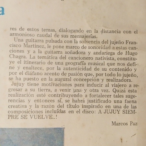 A Jujuy Siempre Se Vuelve.j. H.chagra, Autor Sapo Cancionero (Usado)
