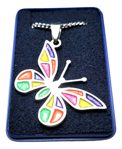 Dije Mariposa Multicolor C/ Cadena Todo Acero Quirurgico