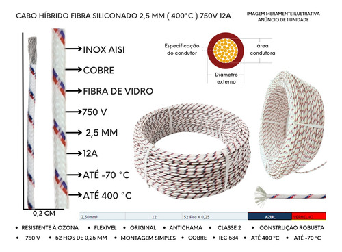 2 Metros De Cabo Híbrido 2,5 Mm Alta Temperatura 750v 400 °c