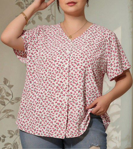 Camisa Talla Grande Blusa Floral De Manga Corta Con Cuello V
