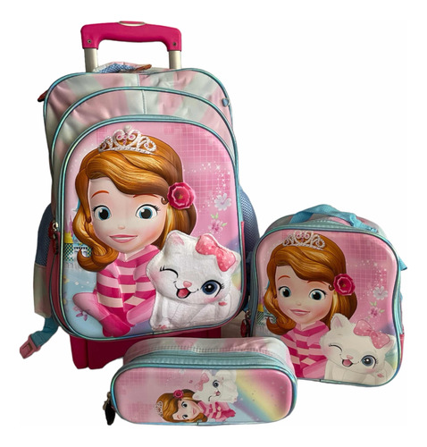 Kit Mochila De Princesa Sofía Con Ruedas Lapicera Y Lonchera