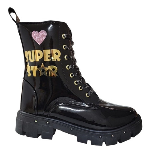 Bota Chunky Negro Charol Para Niña Luz Led Super Star