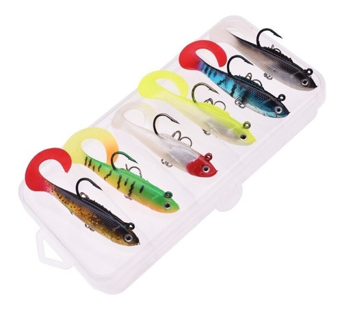 5 Señuelos Pesca Blando Tipo Pez 6cm 4,7g + Caja De Pesca